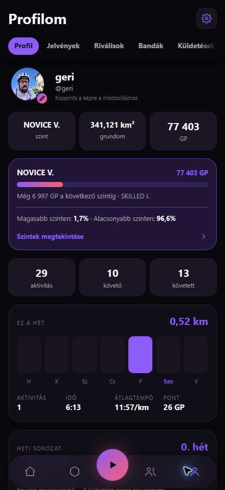 A GRUNDO valódi profilképernyője GP-vel, szinttel és heti aktivitással