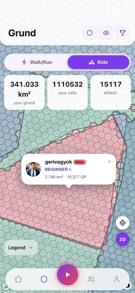 The real GRUNDO map with claimed territories and hexagonal cells