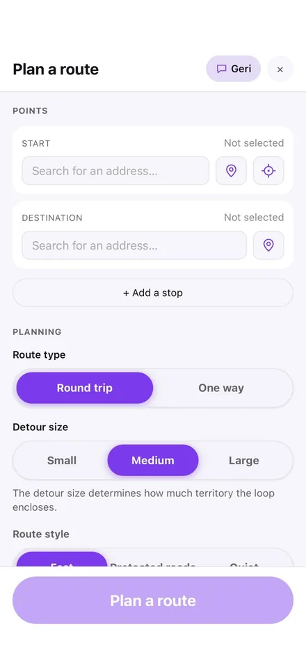 The GRUNDO route planner with route types, detours and terrain options