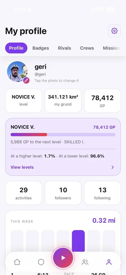 The real GRUNDO profile with points, level and weekly activity