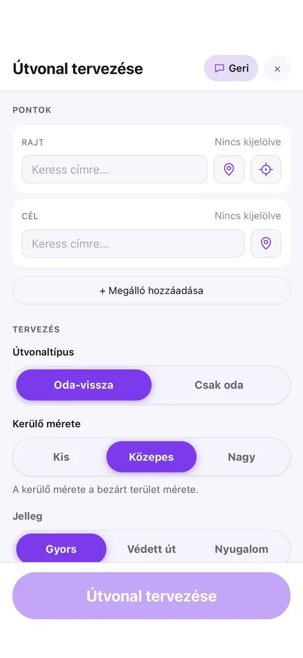 A GRUNDO telefonos útvonaltervezője útvonaltípus, kerülő és terep választással
